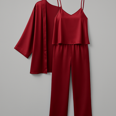 3-Piece Premium Satin Sleepwear Set For Women – Camisole, Pants & Robe | Nightwear & Loungewear | Free Size (Black)