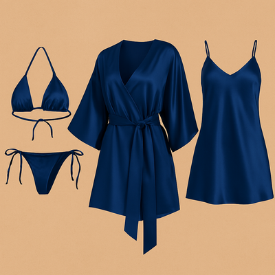 4 PCs-Style Satin Lingerie Set – Bikini, Slip Dress & Robe Combo – Free Size (Black)