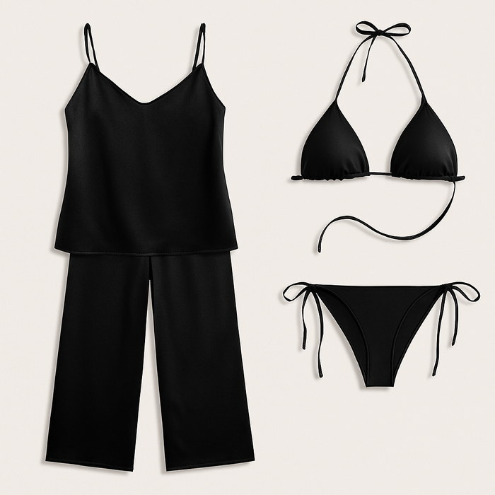 Satin Silk Camisole & Pajama With Bikini Set – Dual Style Nightwear For Women (Black)