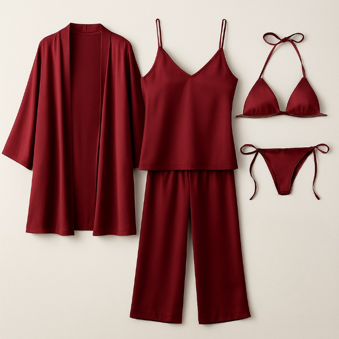 5-Piece Satin Sleepwear Set – Robe, Camisole, Pants & Bikini Nightwear - Free Size (Black)