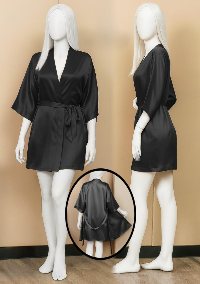 Satin Gown/Robe - Short Length With Waist Tie - Apparel Product Designed For Sleep And Daily Lounging Routine - Black
