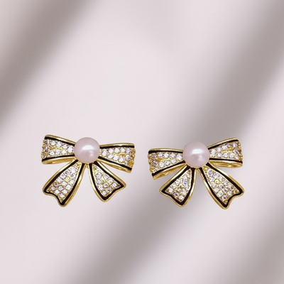 PJT-995 Bow Shape Zircon Pearl Earrings For Women – Korean Style Jewelry With Sparkling Zircon & Classic Pearl Center | Available In Golden & Silver | Perfect Gift For Parties, Weddings & Everyday Fashion - Golden