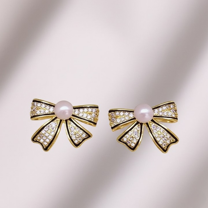 PJT-995 Bow Shape Zircon Pearl Earrings For Women – Korean Style Jewelry With Sparkling Zircon & Classic Pearl Center | Available In Golden & Silver | Perfect Gift For Parties, Weddings & Everyday Fashion - Golden