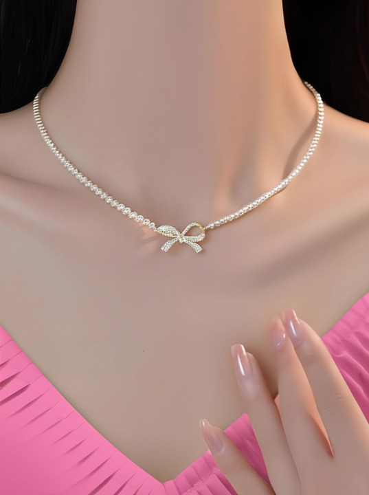 PQT-992 - Bow Shape Pearl Pendant Necklace For Women – Dainty Jewelry With Sparkling Bow Design | Available In Silver & Golden Finish | Perfect Gift For Weddings, Parties & Everyday Glamour - Golden