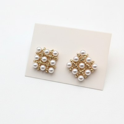 Pearl Square Korean Earrings – Elegant Women’s Fashion Jewelry In Silver And Golden Colors PJT-106 - Golden