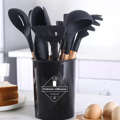 12 Pcs Silicone Cooking Utensils Kitchen Utensil Set | Heat Resistant Kitchen Non Toxic Spatula Set With Turner Tongs,Spoon,Brush,Whisk-Wooden Handle - Random Color