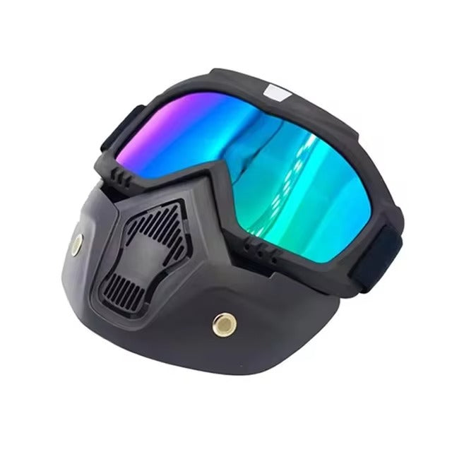 Motorcycle Goggles With Removable Full Face Mask Riding Glasses Dirt Bike ATV Motocross Detachable Eyewear (Random Glass Shade) - Blue Multi