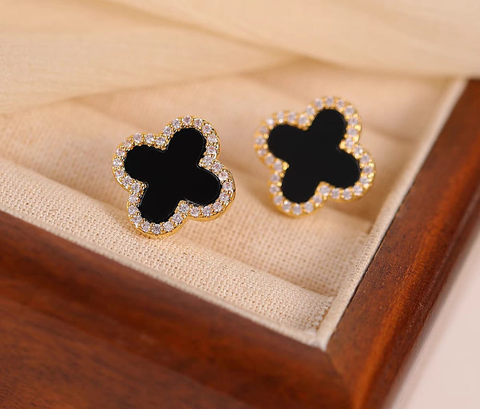 Stainless Steel Flower Zircon Studs Earrings - Black