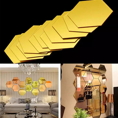 (Pack Of 12) 3d Acrylic Hexagon Simple Mirror-Surface Geometric DIY Art Mural For Home Decoration Wall - Golden