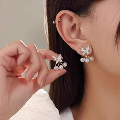 Butterfly Pearl Korean Earrings For Girls - Golden