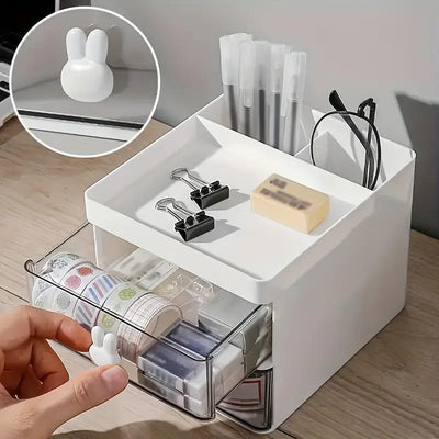 Desktop Double-Layer Plastic Storage Holder Rack Cosmetic Box Kitchen Bathroom Desk Shelf Organizer Office Supplies Stationery (Random Color)