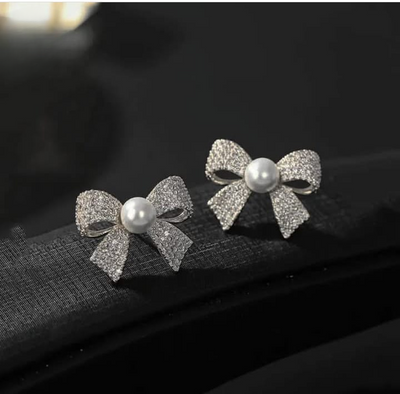 Korean Elegant Zircon Bow Style Earrings Pearl Style Bow Earrings For Girls - Golden
