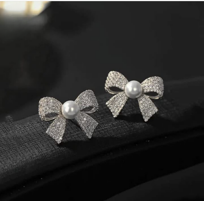 Korean Elegant Zircon Bow Style Earrings Pearl Style Bow Earrings For Girls - Golden