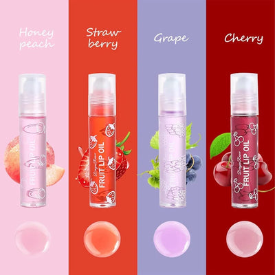 Pack Of 4 - Fruit Lip Oil Non-Sticky Set In Peach, Grape, Strawberry, Cherry Flavor