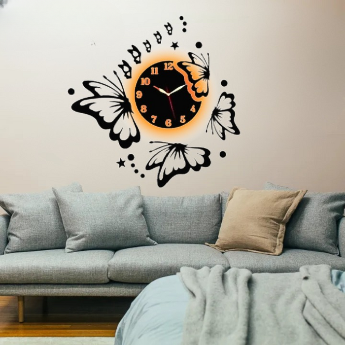 3d Butterfly Wall Clock | Wooden Wall Clock | Wall Art For Home Decor | Wooden Wall Art - With Light