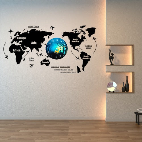 3D Wooden World Map With Esthetic Dial Wall Clock  | Best Quality Wall Clock For Home Decor | Home Decor Clock 40 Inch - With Light