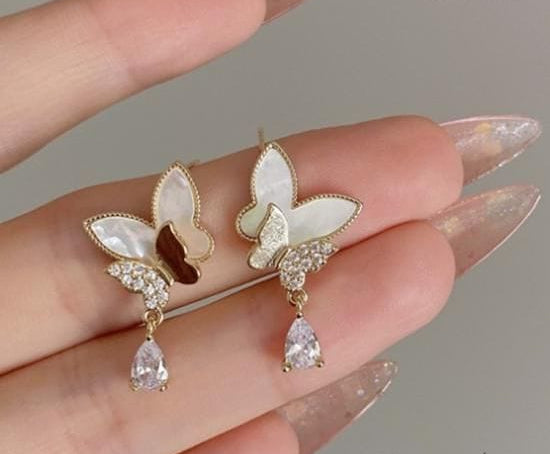 Double Butterfly Hanging Pearl Earings / Earrings Women's Earrings For Gift / For Girls - Golden