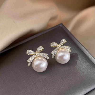 Bow Sparkle Diamond Pearl Stud Earrings / Pearl Earrings Women's Earrings For Gift - Golden