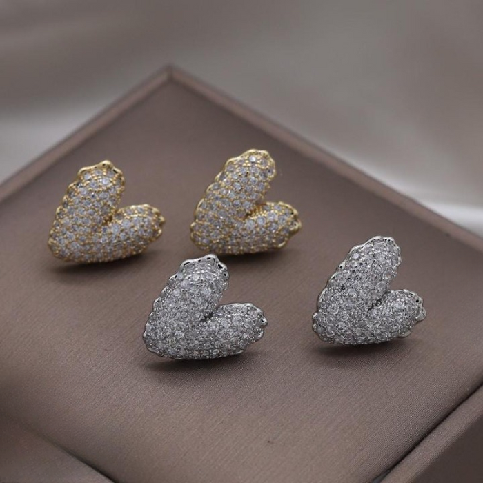 Zircon Heart Stud Earrings – Trendy Korean Fashion Jewelry For Girls & Women - GOLDEN