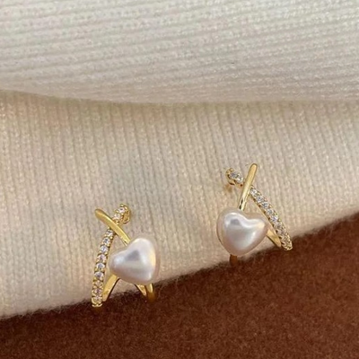Stylish Minimalist Pearl Heart Earrings – Gold Hoop With Crystal Detailing - Cross Heart Peal Korean Earrings (PJT-993) - GOLDEN