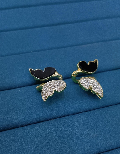Zircon Butterfly Style Earrings For Women – Elegant Golden & Silver Studs With Black Enamel And Sparkling Stones (AWJ-997) - Golden