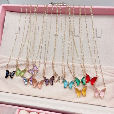 Crystal Butterfly Pendant Necklace For Women – Gold Chain Fashion Jewelry Gift (AWT-108) - Black