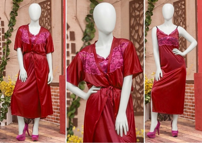 2 Pcs Luxury Satin & Lace Robe Nighty Set – Sensual Silk Gown For Women SKU R-003 (Color Black Free Size)