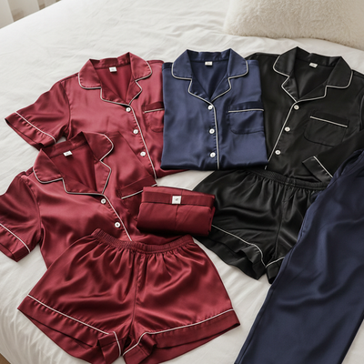Couple Night Suit / Silk Satin Sleepwear Set – Short & Long Style Combo (4 Pcs) | SKU: DC-C009 ~ Black