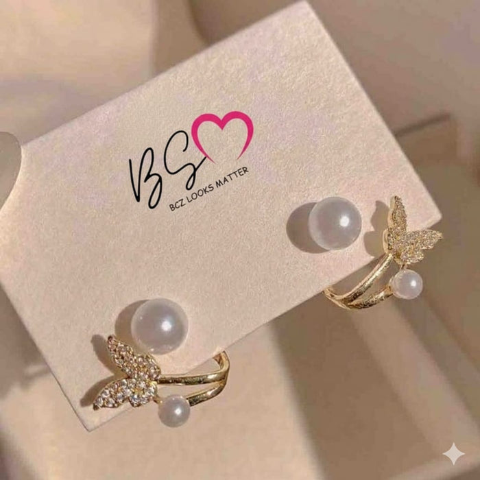 AXJ-161 Butterfly Pearl Korean Earrings - Golden