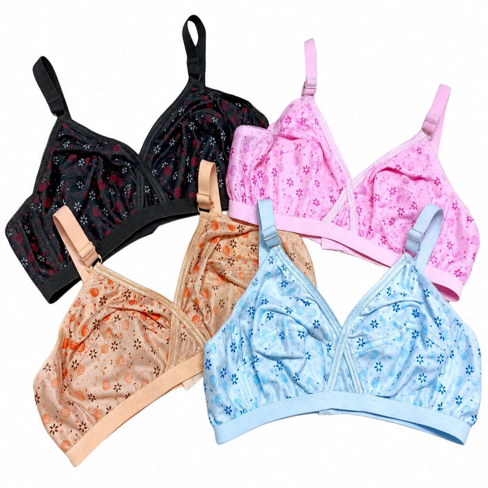 Pack Of 4 Women Ladies Girls Classy Multi Colour Jersey Printed Bra Brief Blouse Brazier Brassie - Comfortable Daily Innerwear Set (Size 32)