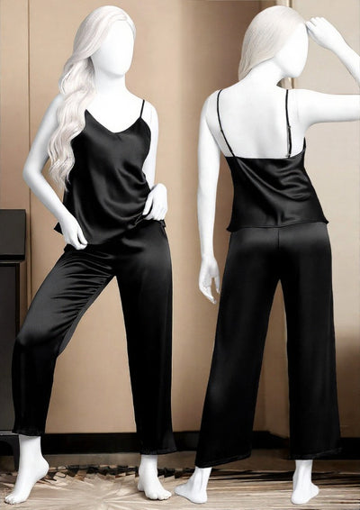 Satin Sleepwear Set - Spaghetti Top And Loose Trouser - Free Size - Apparel Product Designed For Sleep And Daily Lounging Routine - Black