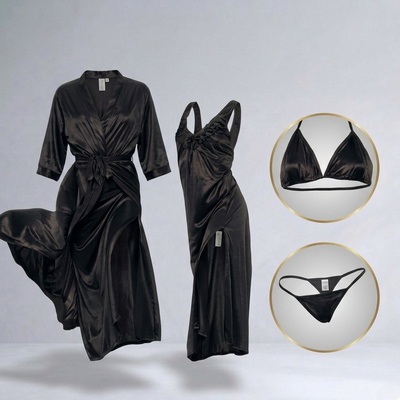 Burgundy Silk Satin 4-Piece Lingerie & Nightwear Set For Women – Luxury Soft Satin Sleepwear, Free Size Sku R005B (Black)