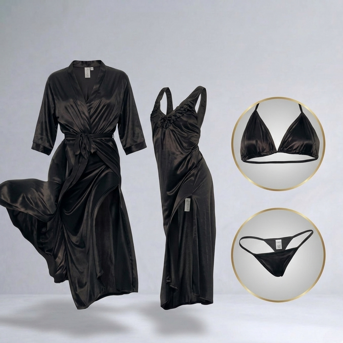 Burgundy Silk Satin 4-Piece Lingerie & Nightwear Set For Women – Luxury Soft Satin Sleepwear, Free Size Sku R005B (Black)