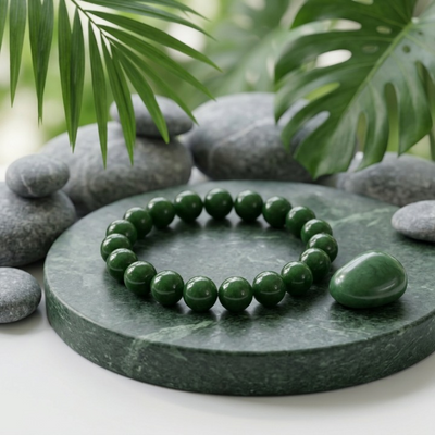 Green Aqeeq Stone Braclet - Natural Agate Crystal Gemstone Stretch Wrist Band - Adjustable