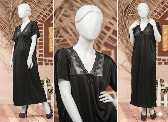 Single Pcs Stylish & Comfortable Long Silk Nightgown - Free Size (Black)