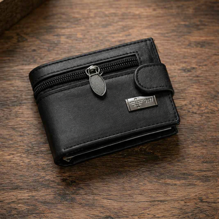 Premium Men’s Mini Leather Wallet With Zipper & Button - Black