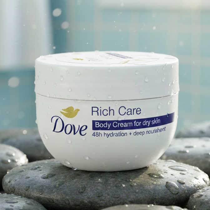 A Radiant Oasis Of Hydration: Dove Rich Care Body Cream – 48h Moisture & Deep Nourishment Captured In Nature's Light 150gram
