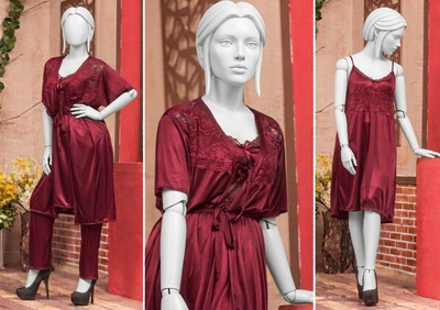 3 Pcs Luxury Silk Nightwear Set With Lace Trim – Satin Sleepwear For Women SKU R-008 (Color Black Free Size)