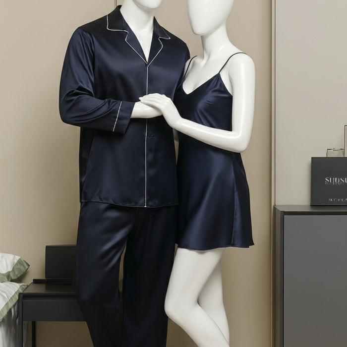 Premium Nighty Suit Satin Silk Couple Pajama Set – Luxurious Matching Night Wear For Men & Women (3 Pcs) | SKU: DC-C005 | Black