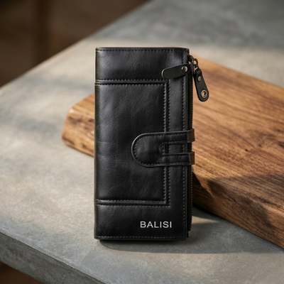 Premium Balisi Leather Long Wallet – Elegant Bi-Fold Business Clutch & Multi-Card Travel Organizer For Men(Black)