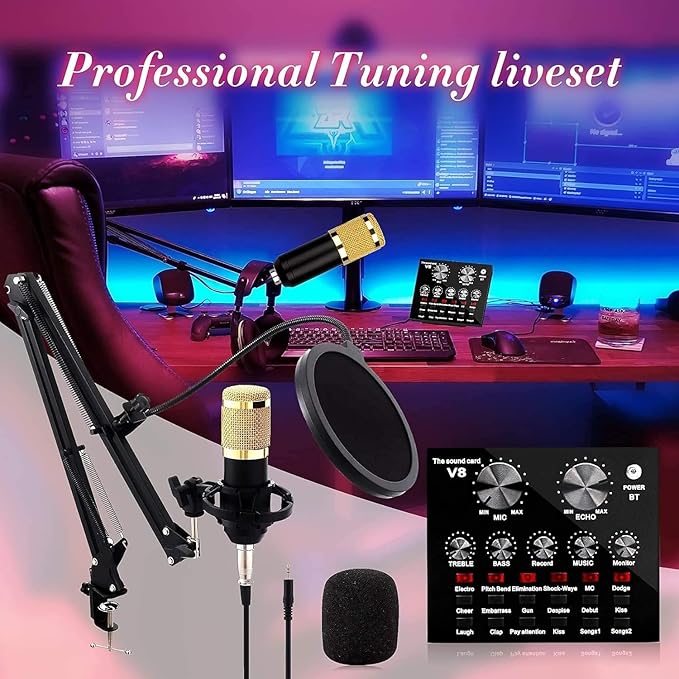 V8 Bm-800 Podcast Mic Set With Live Sound Card Condenser Microphone With Rechargeable 12 Kinds Of Auxiliary Background For Karaoke Singing Youtube Recording Mic