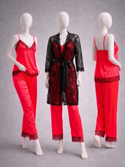 Elegant 3-Piece Women's Nightwear Set – Silk Cami, Pyjamas & Lace Robe (Free Size) Black