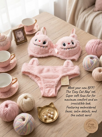 2 PCs Labubu Style Cute Double Padded Bra & Panty Set For Women – Soft Wool Material, Comfortable Lingerie Set (Size 38 Random Color)