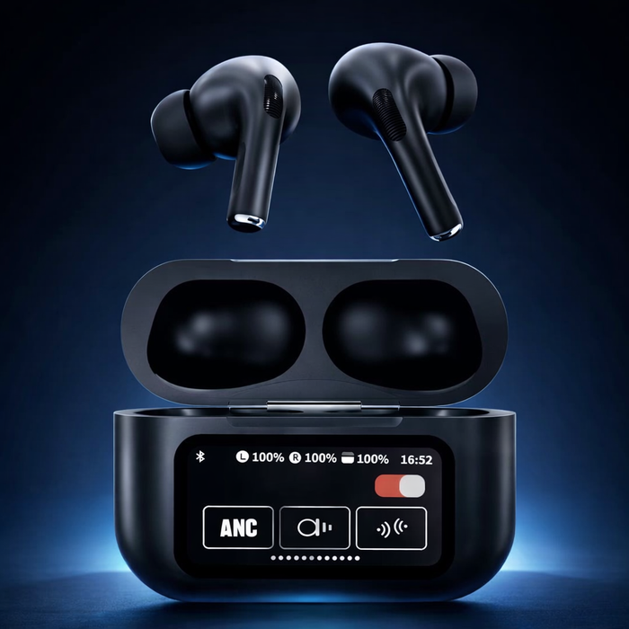 AirPods X Digital Touch Screen Wireless Earbuds – Black Edition | Smart Display Charging Case | Bluetooth Earphones | Touch Control