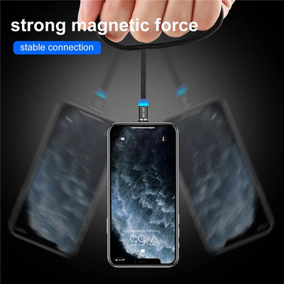 3-In-1 Magnetic Fast Charging Cable | Micro USB, Type-C & IPhone | 360° Rotation | LED | 3A | Nylon Braided | Magnetic Charging Cables For Android & IOS | Charging Cable For Mobile Phone ( Random Color )