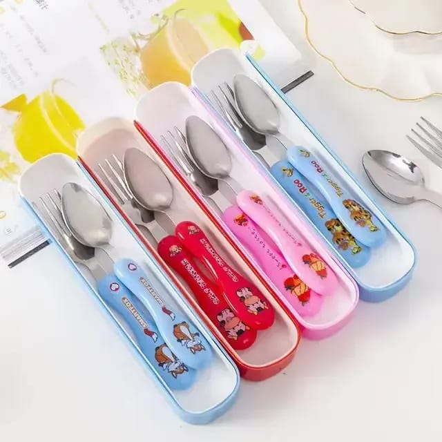 Portable Kids' Stainless Steel Cutlery Set – Ergonomic Cartoon Spoon And Fork With Slim-Fit Travel Storage Case For School Lunches, Picnics, And Toddler Self-Feeding ( Blue )