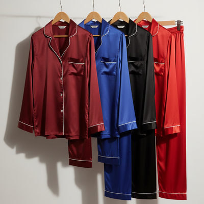 Classic Couple Night Suit Silk Satin Pajama Set – Long Sleeve Top & Full-Length Pants (4 Pcs) | Free Size SKU: DC-C007 Black