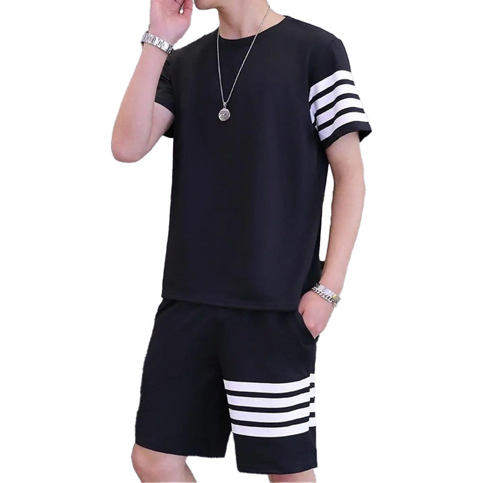 Black Color Trendy LINE Printed Tracksuit For Men | Cotton T-Shirt & Shorts | Summer Casual Wear | Gym & Elegant Suit - L
