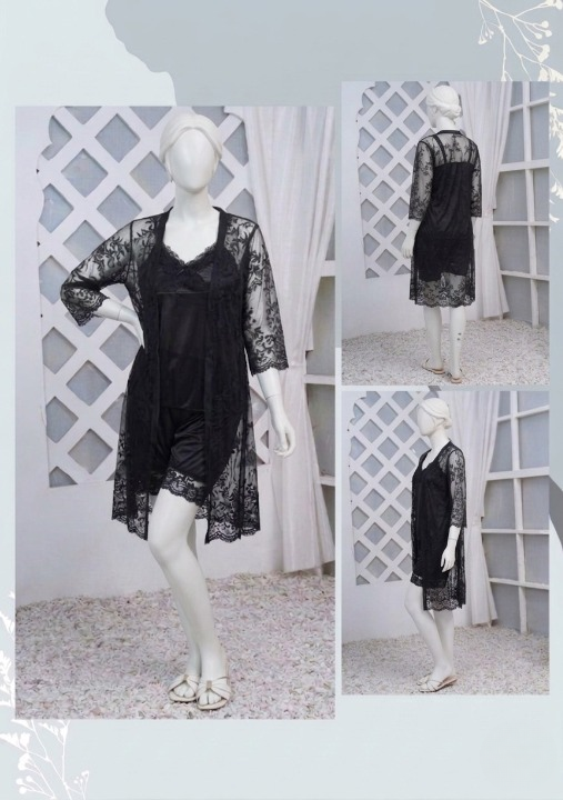 3 Pcs Luxurious Silk & Net Black Lace Women's Sleepwear Set Top Short & Gown Nightwear (Free Size Color Black)