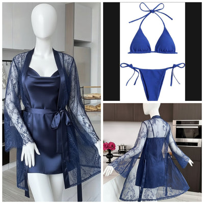 4 Piece Women’s Transparent Net Gown Set – Soft Lace Robe With Silk Inner, Bra & Panty | Free Size - Up To 38 Chest | DC-4052 (Black)